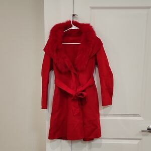 NWOT Genuine Fox Fur Cape Collar Long Fur 81% Wool Blend V Neck Coat